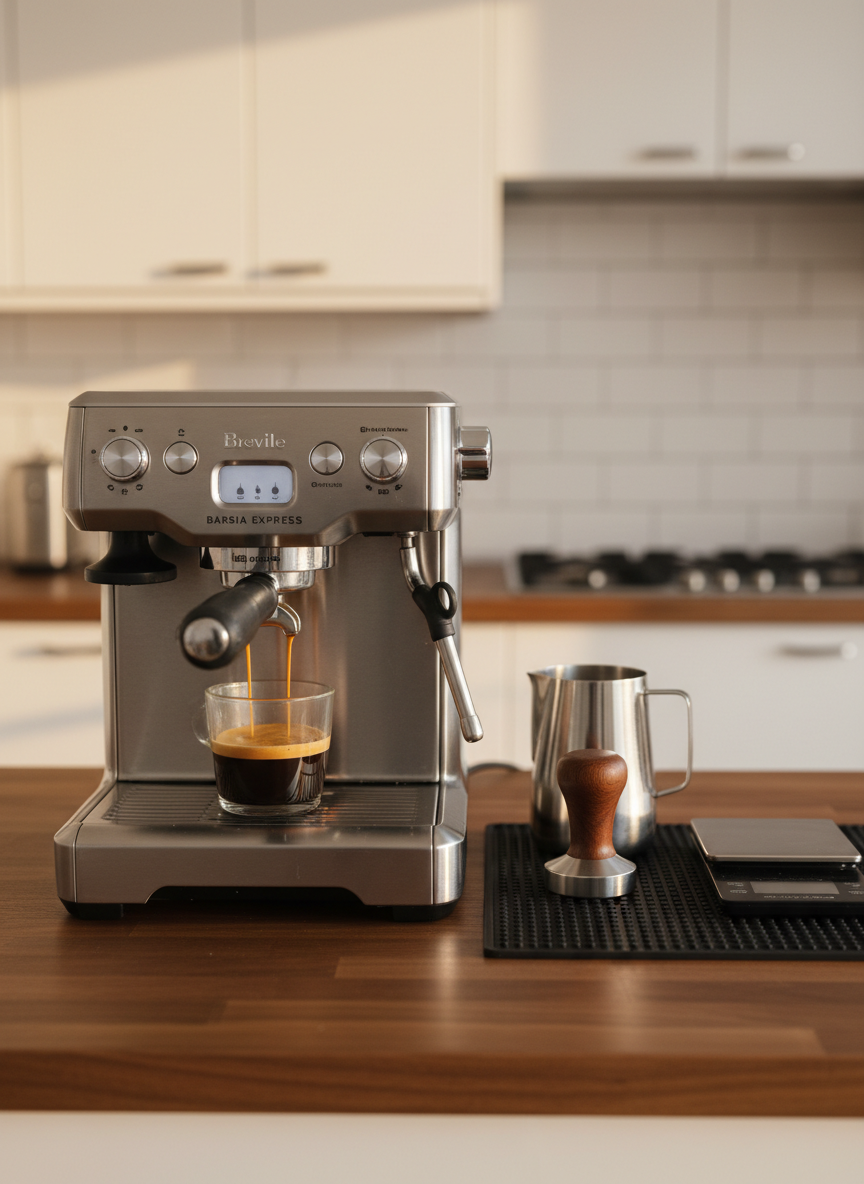A Breville Barista Express espresso machine in brushed stainless steel stands prominently on a walnut countertop, its portafilter locked in, with a shot of rich, dark espresso flowing into a small, thick-walled glass. Tiny crema bubbles form a golden layer on top. To the side, a smartly arranged tamper, stainless milk pitcher, and scale rest on a dark silicone mat. The background shows a minimalist, tidy kitchen with warm white cabinetry, gently out of focus. Soft, directional afternoon light from the left highlights the machine’s metal surfaces and control dials, casting refined, crisp shadows. Photographic realism, slightly elevated angle, medium depth of field, sophisticated and practical mood for a home barista guide.
