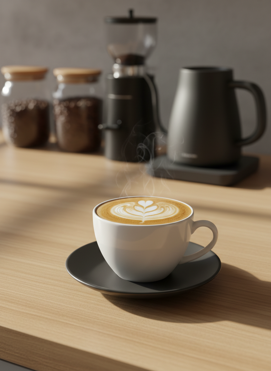 A pristine white ceramic cappuccino cup with a delicate, curved handle sits on a matte charcoal saucer atop a light oak kitchen counter. A precise rosetta latte art pattern decorates the silky surface of the coffee, with faint steam curling upward. Behind it, an uncluttered home coffee nook features neatly arranged grinder, kettle, and a few carefully chosen beans jars, all softly blurred. Morning sunlight filters through an unseen window, creating gentle reflections on the cup’s gloss and subtle shadows on the wood grain. Photographic realism, shot at eye level with a shallow depth of field and rule-of-thirds composition, conveying a calm, sophisticated, home-café atmosphere.
