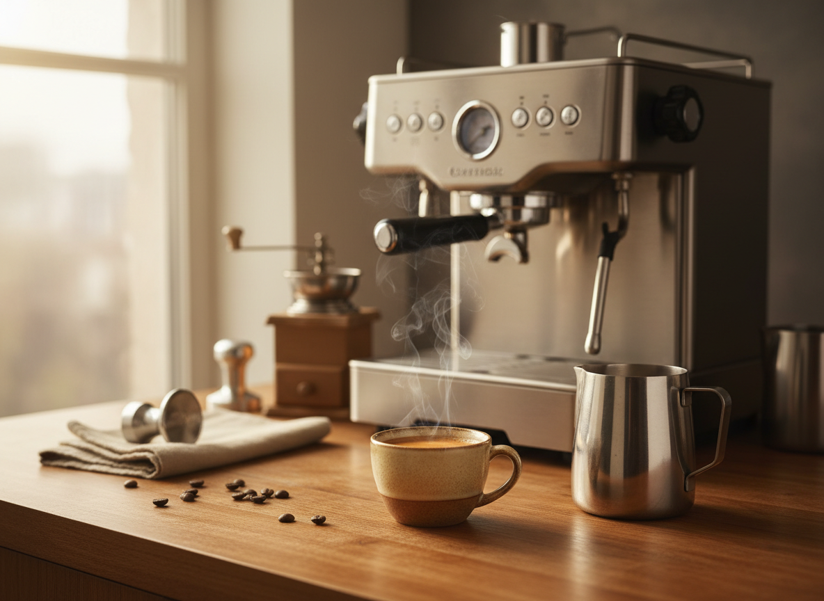 Home espresso setup on a warm wooden countertop