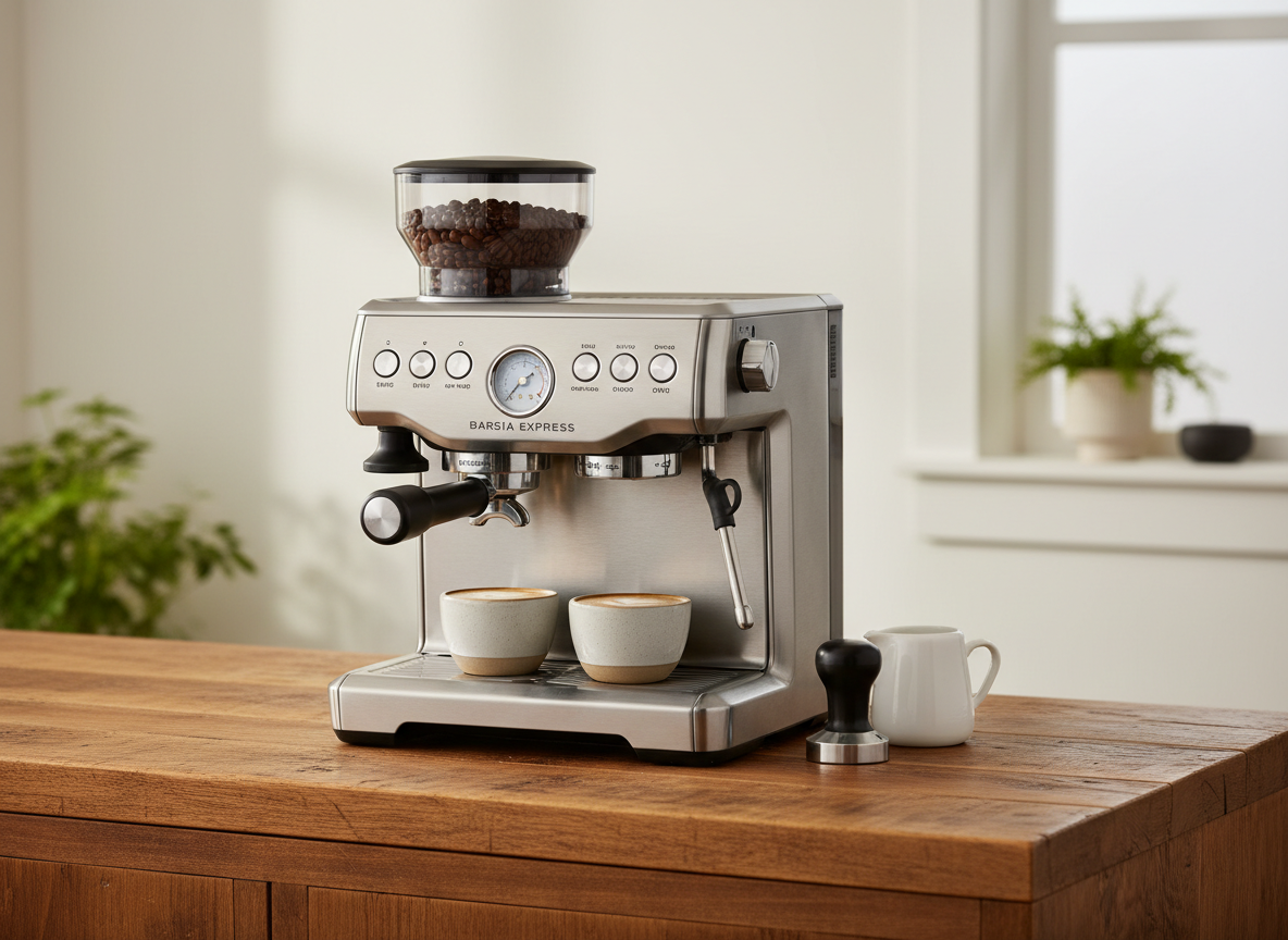 Breville Barista Express espresso machine on a warm wooden countertop