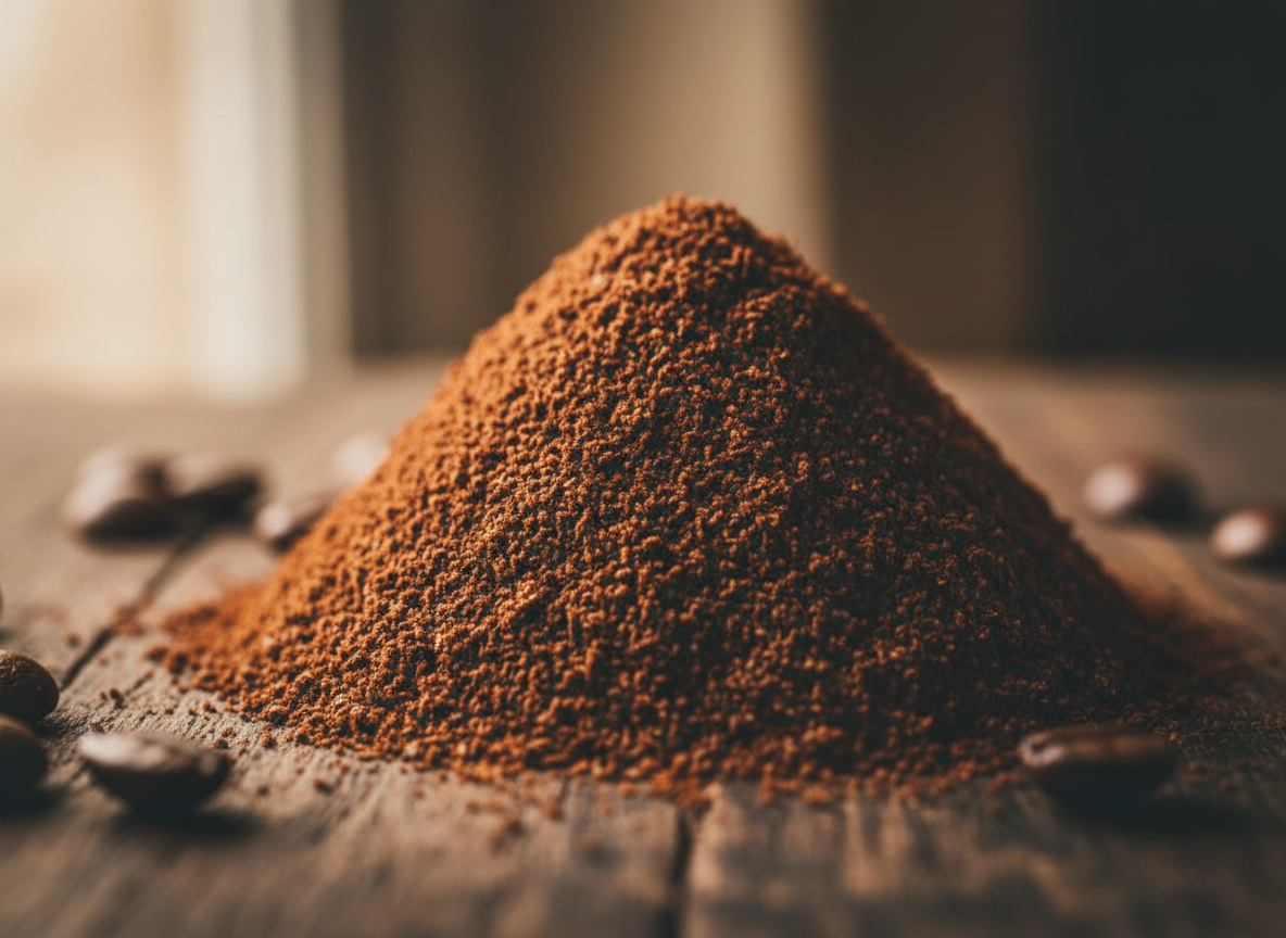 Close-up of freshly ground espresso coffee grounds