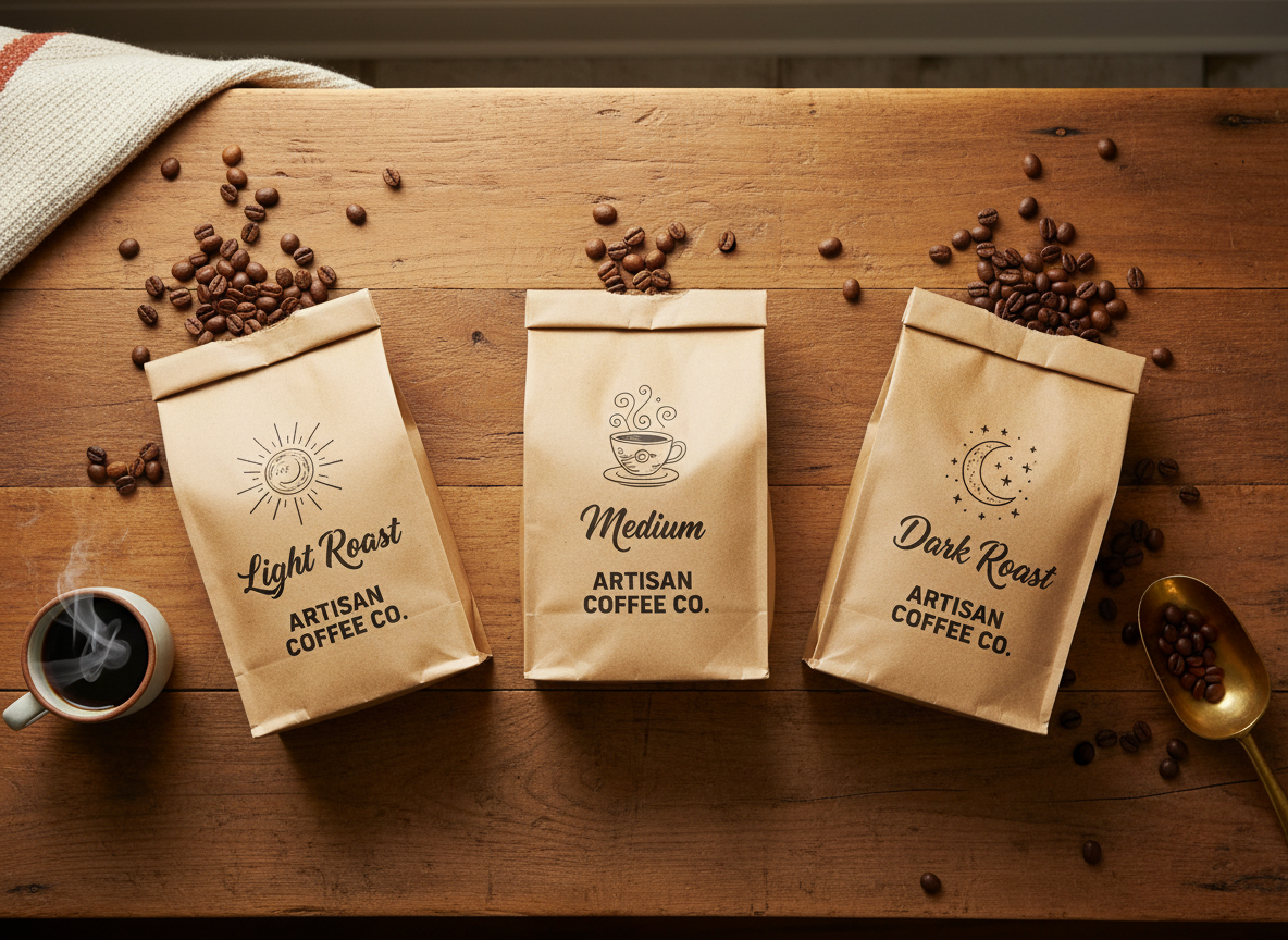 Flat lay of cute artisan coffee bean bags in light, medium, and dark roast on a warm wooden surface