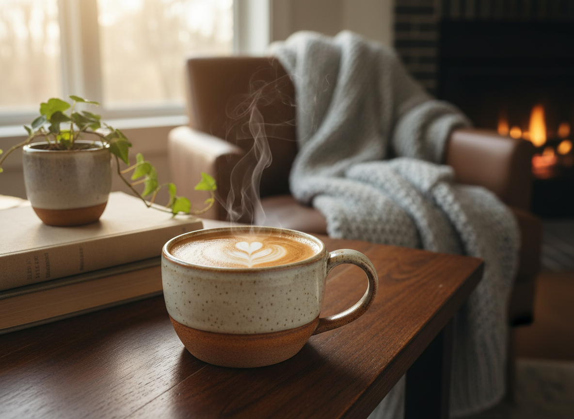 A beautifully made latte in a ceramic cup on a wooden table in a warm home setting
