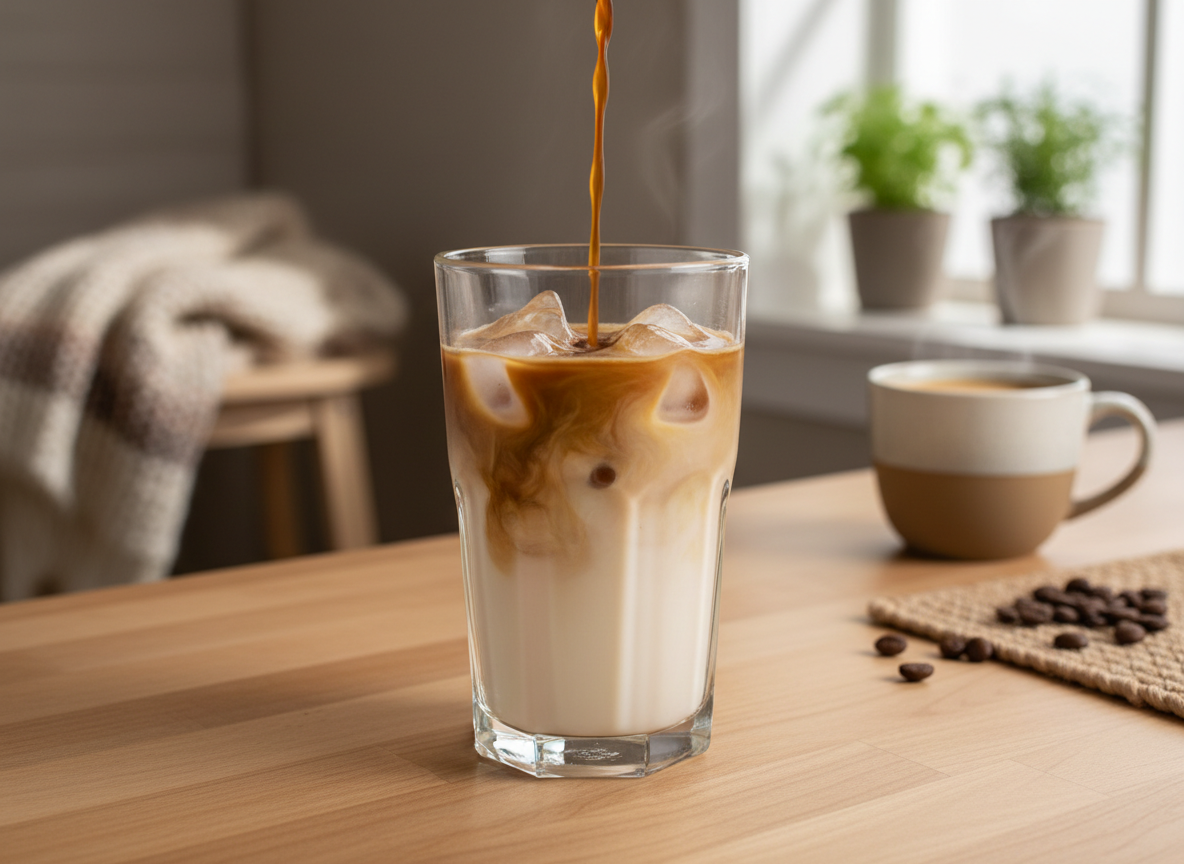 A homemade iced latte in a clear glass with espresso and ice