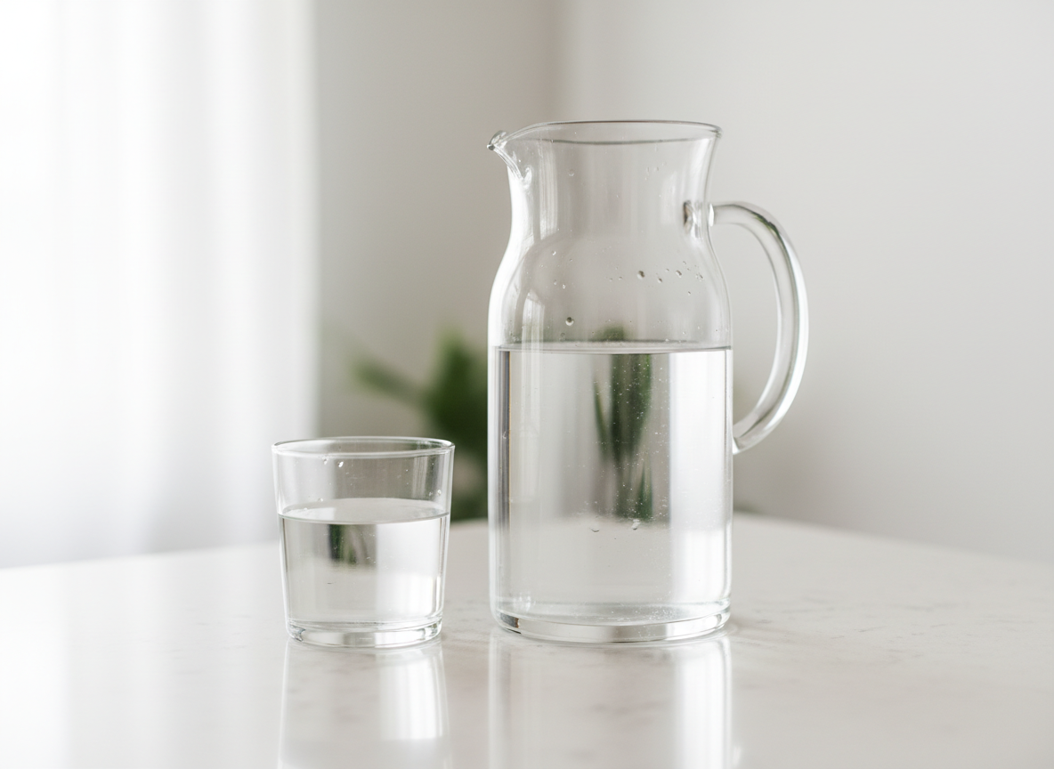 A clear glass pitcher of purified water on a light countertop
