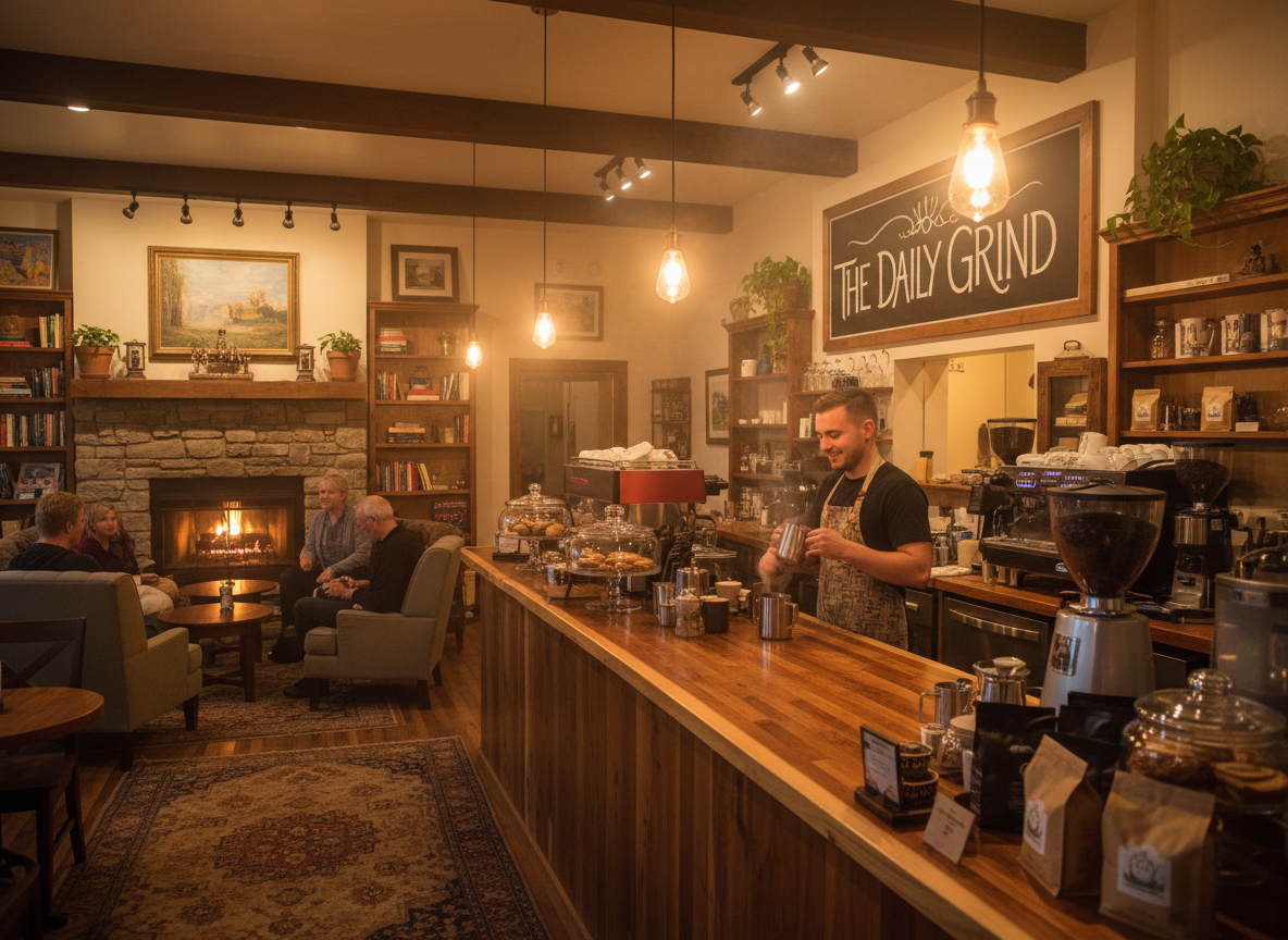 Local coffee shop interior with warm lighting and cozy seating