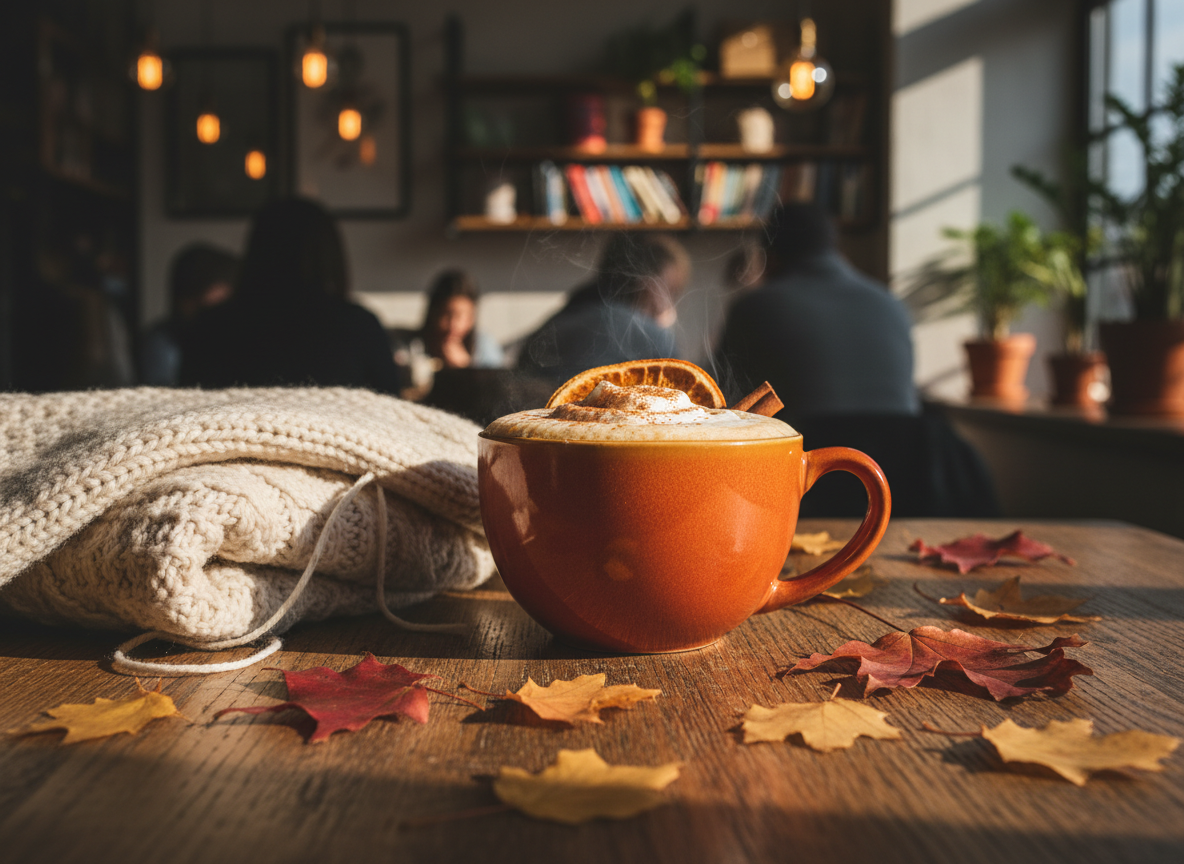 A cozy autumn scene with a warm pumpkin spice latte in a ceramic mug on a rustic wooden table, surrounded by fallen leaves and warm lighting.