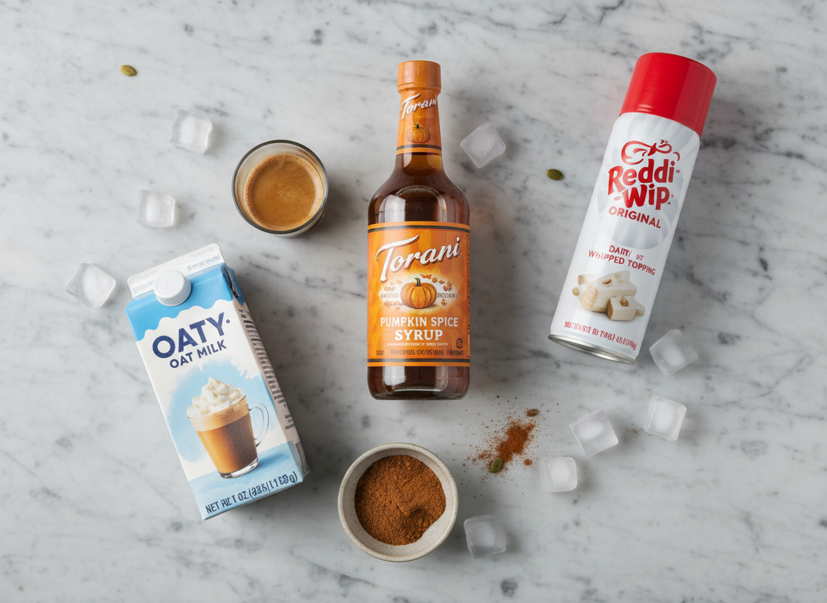 Overhead flatlay of pumpkin spice latte ingredients including Torani pumpkin syrup, espresso, oat milk, and spices on a marble surface.