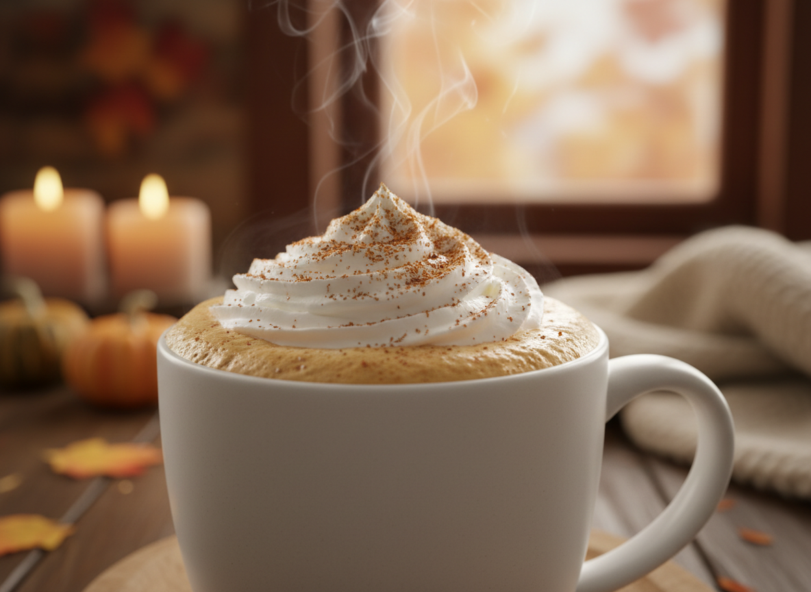 A perfectly made hot pumpkin spice latte in a white ceramic mug topped with whipped cream and pumpkin pie spice, steam rising.