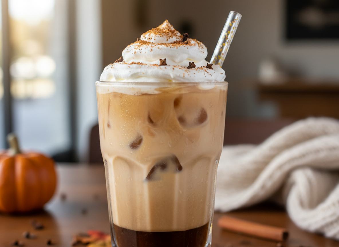 A tall glass of iced pumpkin spice latte with ice, layered espresso and oat milk, topped with whipped cream.
