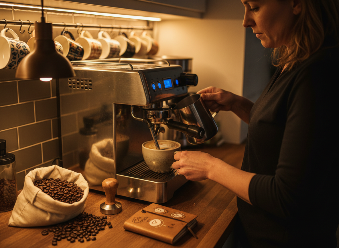 A home barista steaming milk on an espresso machine with coffee beans and a tamper nearby in a warm kitchen.