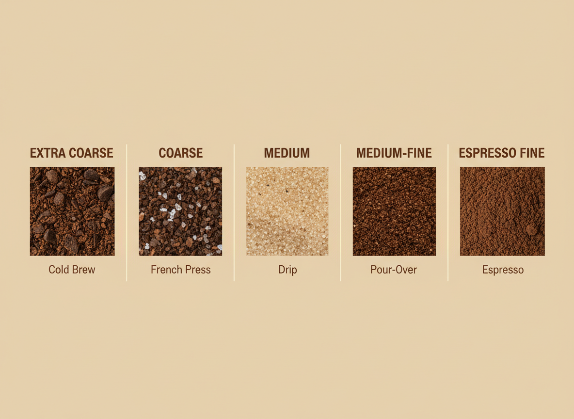 Coffee grind size spectrum graphic showing Extra Coarse to Espresso Fine with brew method labels