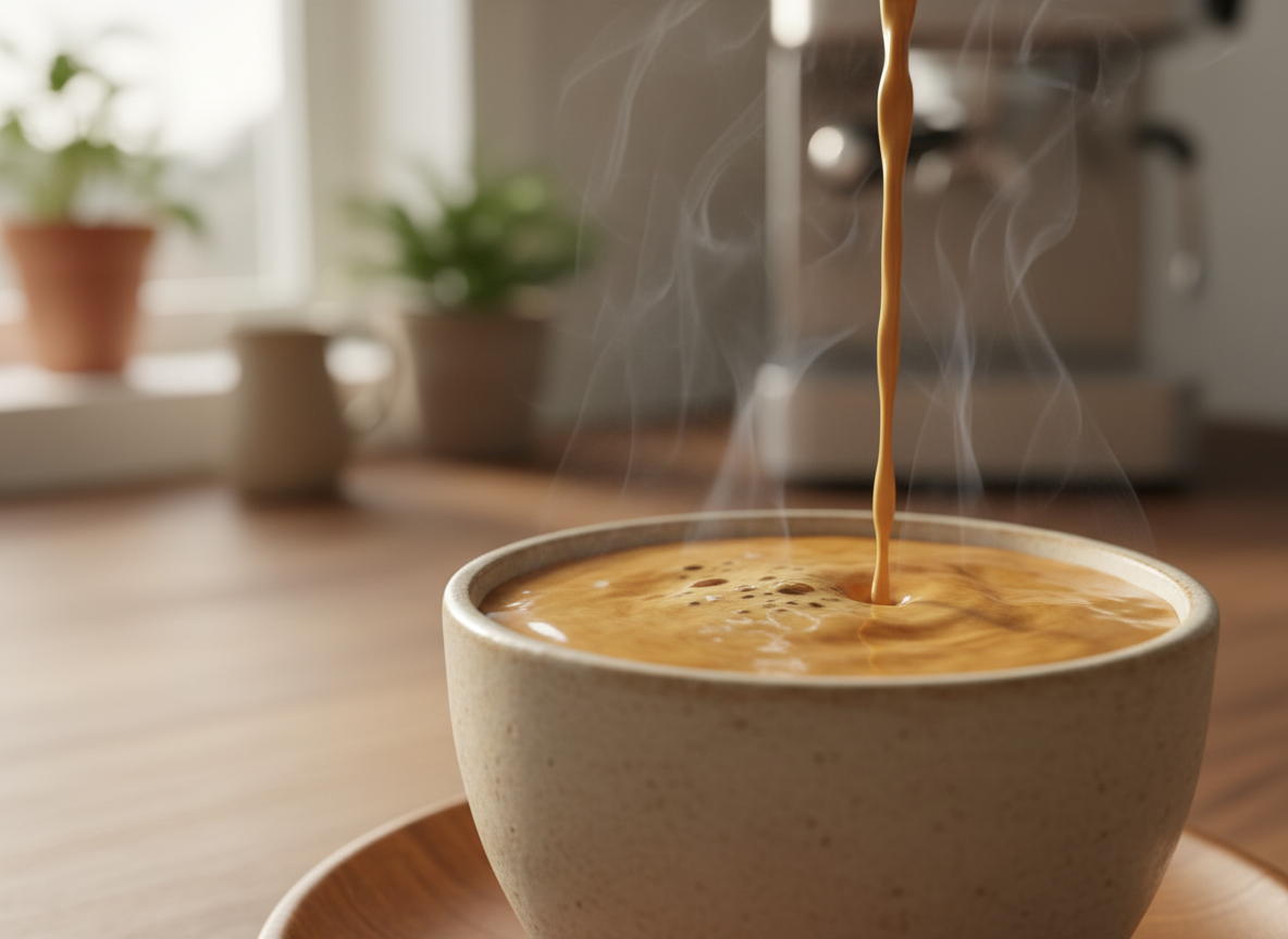 Close-up of a rich espresso shot pulling into a ceramic cup with golden crema forming