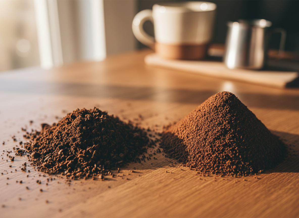 Two piles of coffee grounds side by side — uneven blade grinder grounds on the left, uniform burr grinder grounds on the right