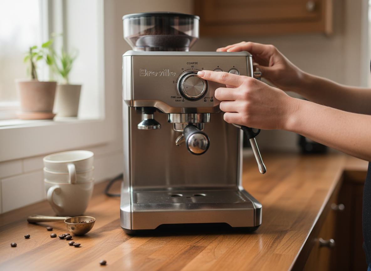 Hands adjusting the grind size dial on a Breville Barista Express espresso machine on a warm wooden kitchen counter