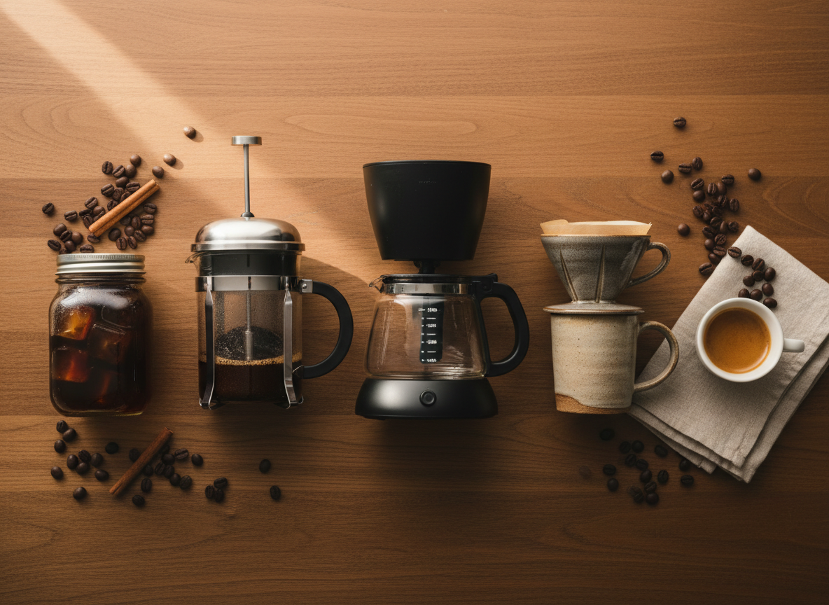 Five coffee brewing setups side by side — cold brew, French press, drip, pour-over, and espresso — on a warm wooden surface