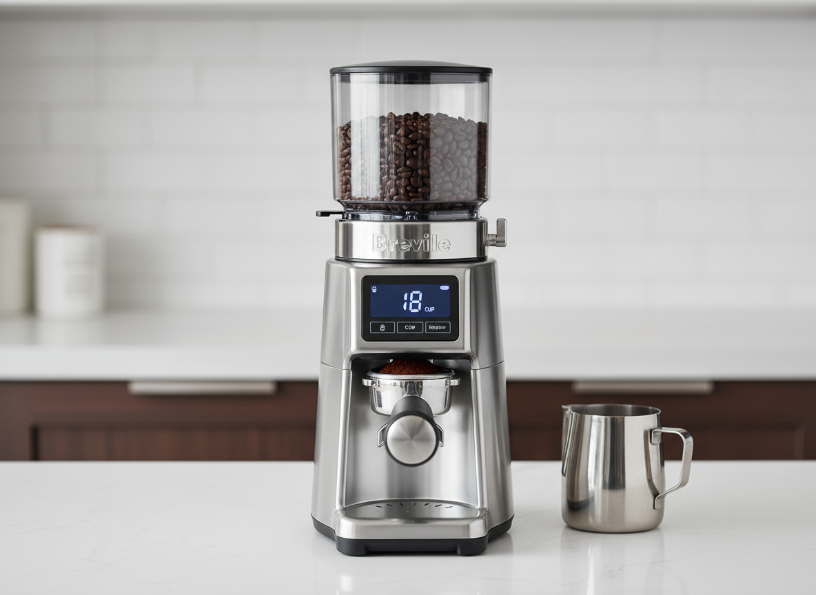 Breville Smart Grinder Pro with digital display and portafilter attachment