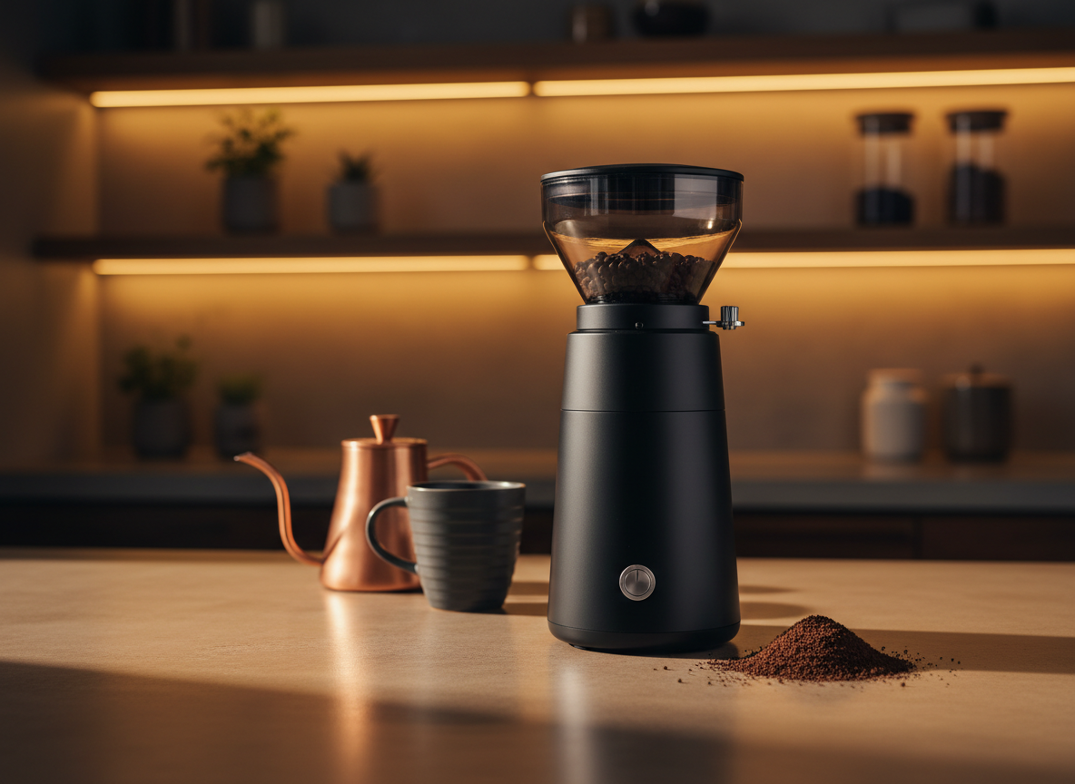 Fellow Opus 2 coffee grinder in matte black on a stylish kitchen countertop