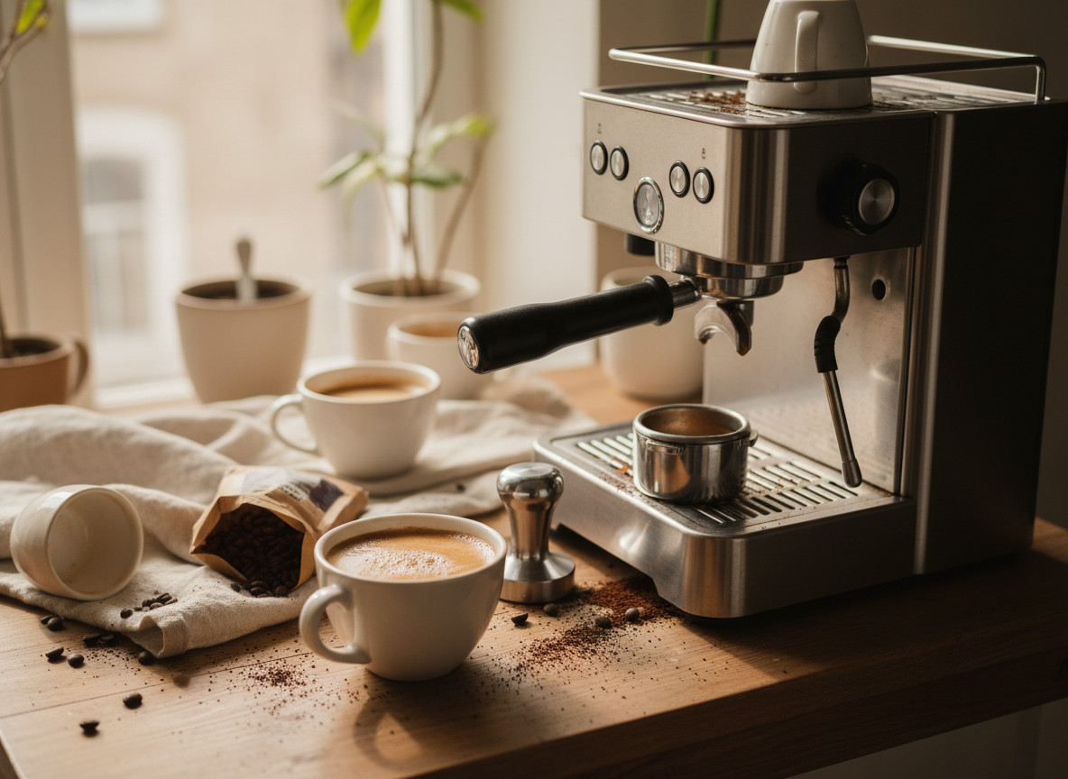 The Week 1 home espresso setup — lived-in, a little chaotic, and very much a work in progress