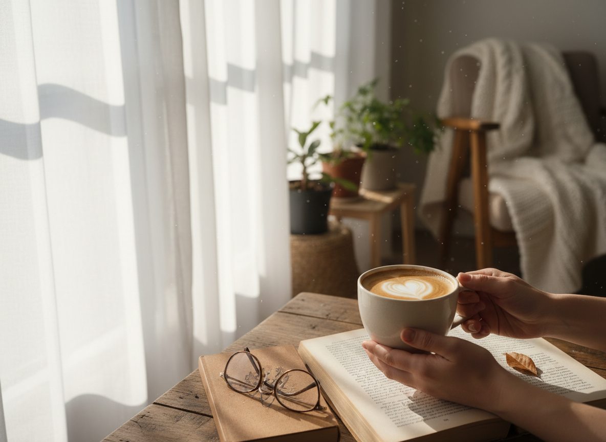 Week 3 morning ritual — coffee, quiet, and a good book