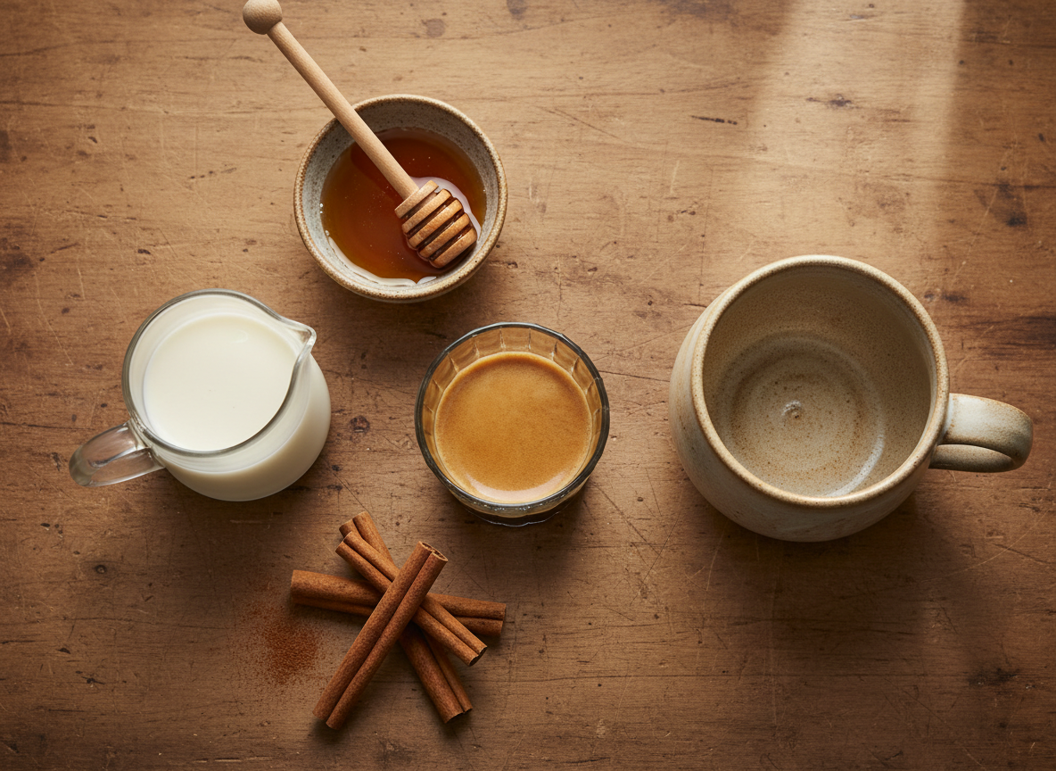 Experimenting with home coffee recipes in Week 3 — oat milk, honey, and a lot of cinnamon