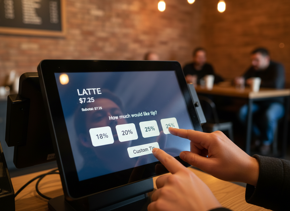 A close-up of a coffee shop point-of-sale screen showing a $7.25 latte order with a tip screen prompt asking the customer to select a tip amount — 18%, 20%, 25%, or custom. Slightly awkward, relatable moment. Warm café lighting in the background, realistic and candid feel.