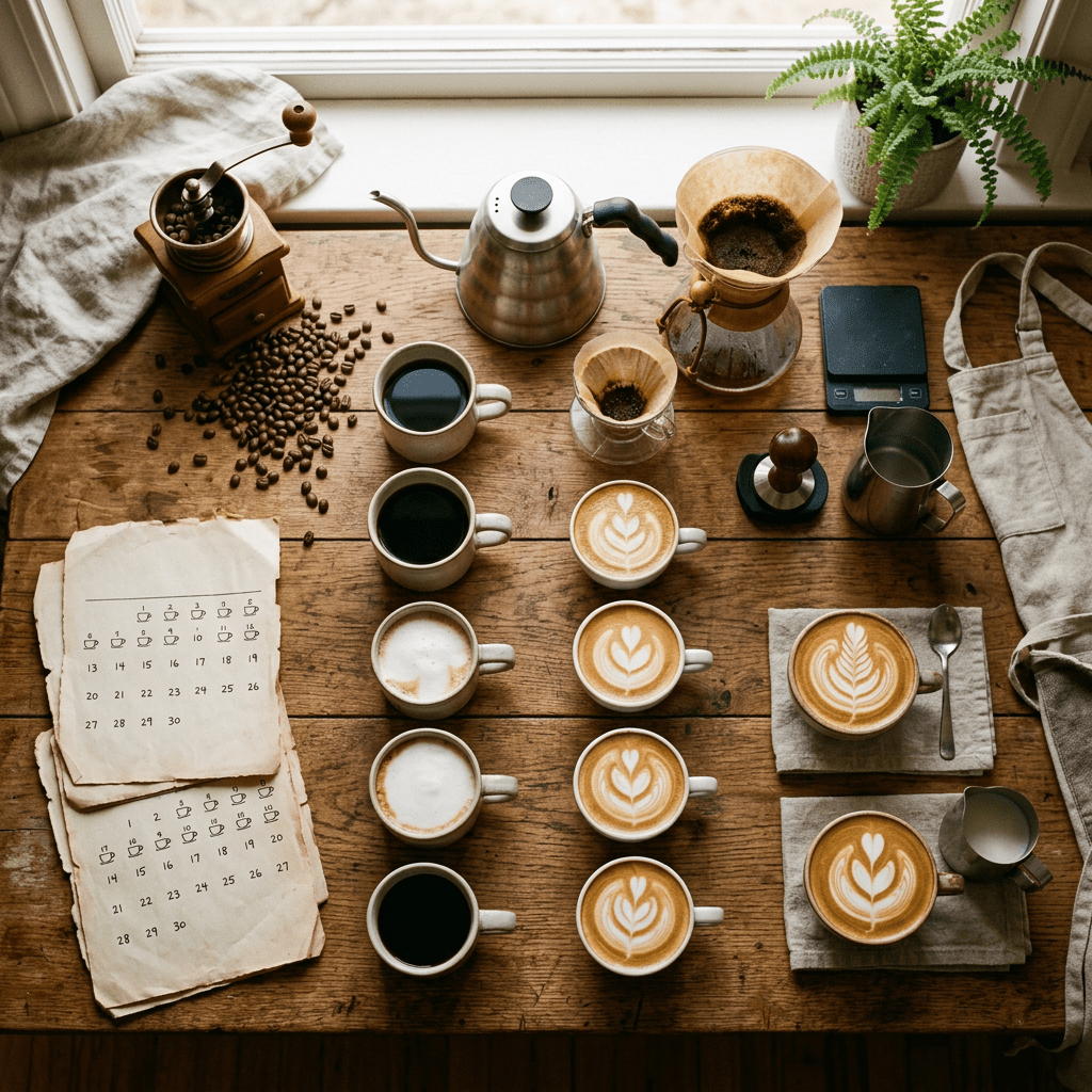 Coffee brewing setup with beans, brewers, cups, scales, and latte art