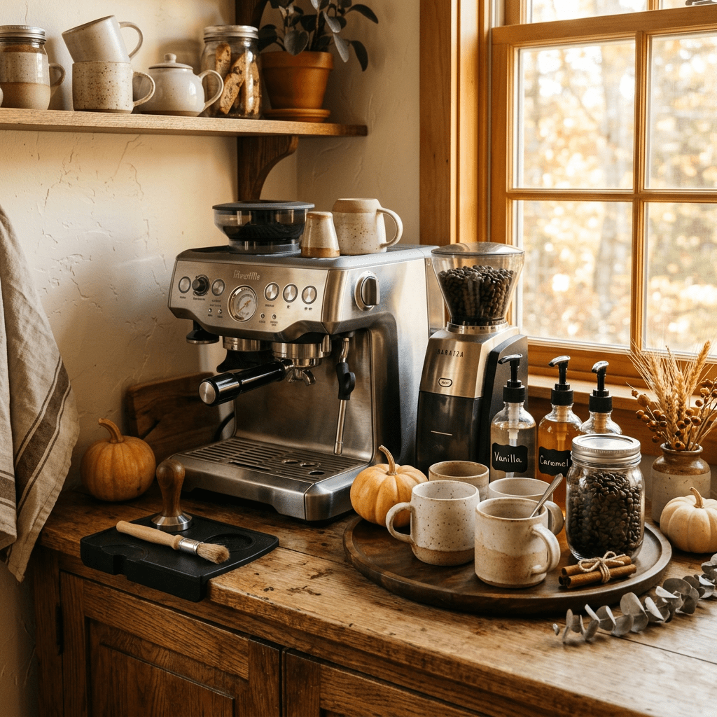Espresso machine and grinder surrounded by coffee supplies and pumpkins