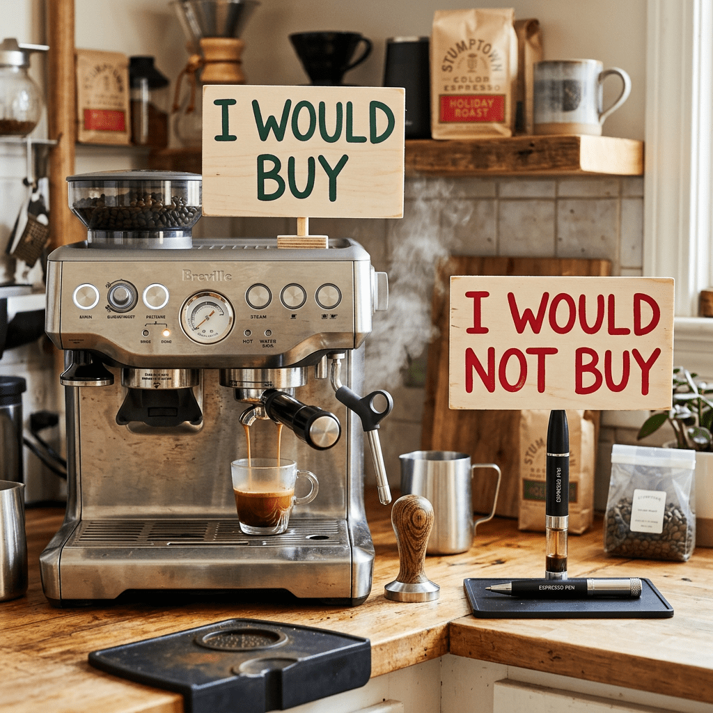 Espresso machine with signs reading “I WOULD BUY” and “I WOULD NOT BUY”
