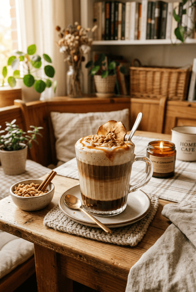 A cozy apple crisp macchiato in a glass, layered with espresso and creamy milk, surrounded by apple slices and brown sugar on a wooden tray
