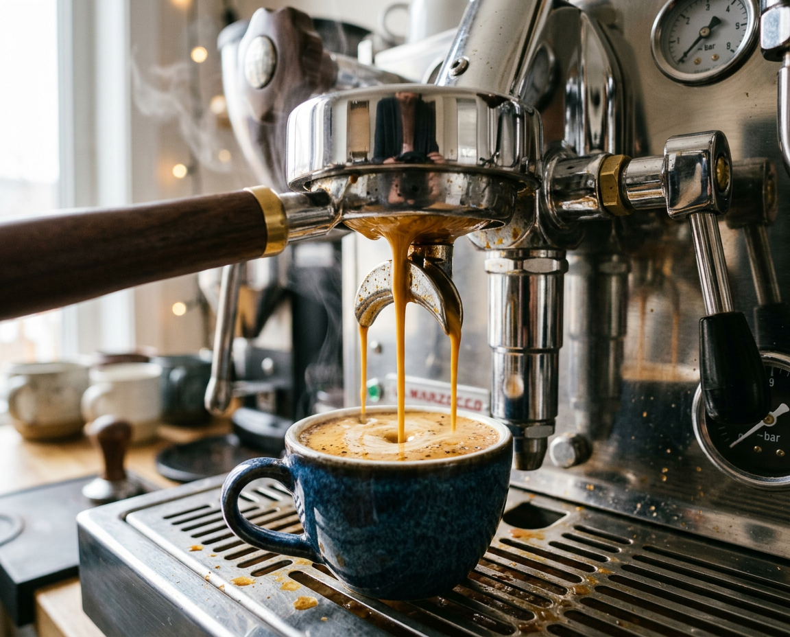 Cinematic overhead shot of a perfect espresso in a small white ceramic cup on a dark slate surface, rich golden-brown crema, coffee grounds scattered nearby, warm moody lighting, professional food photography, dark and atmospheric