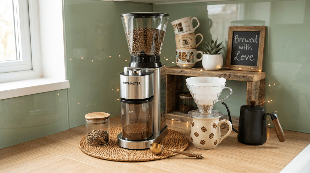 Aromaster Conical Coffee Bean Grinder in a warm home café setting