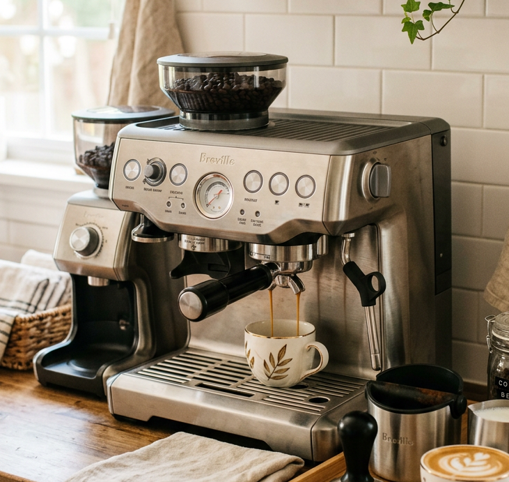 Breville Barista Express espresso machine in a cozy home setup