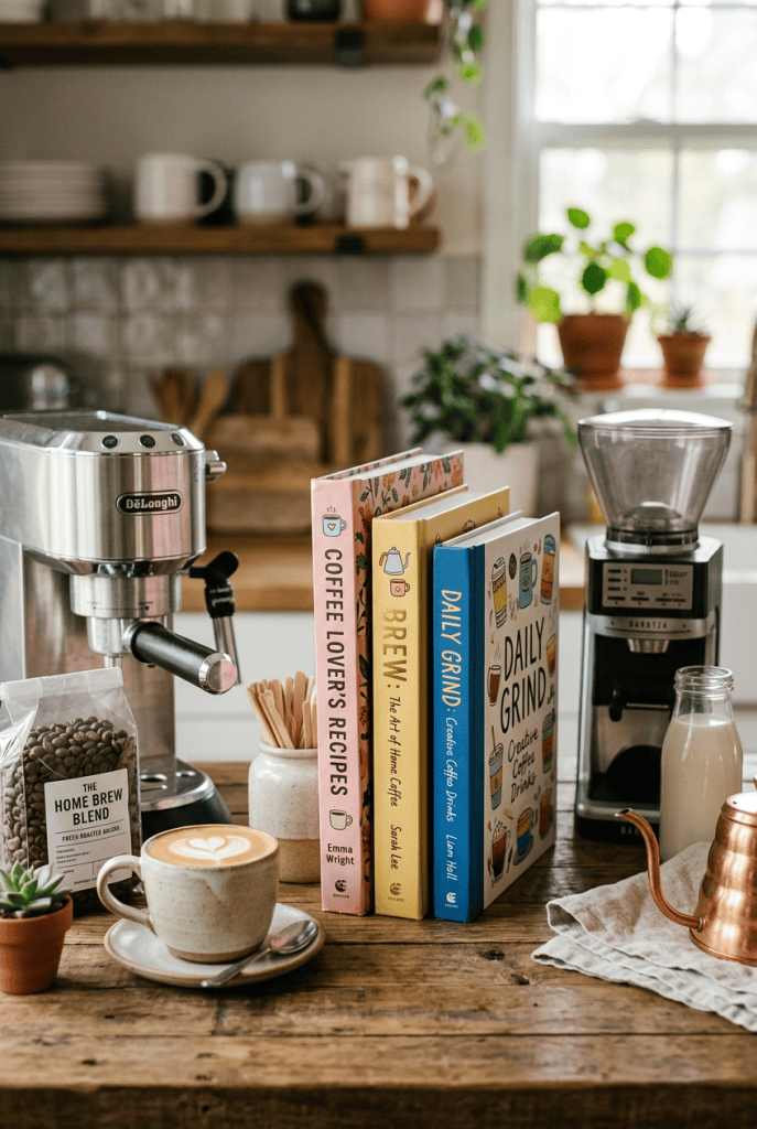Coffee recipe books in a home coffee setup