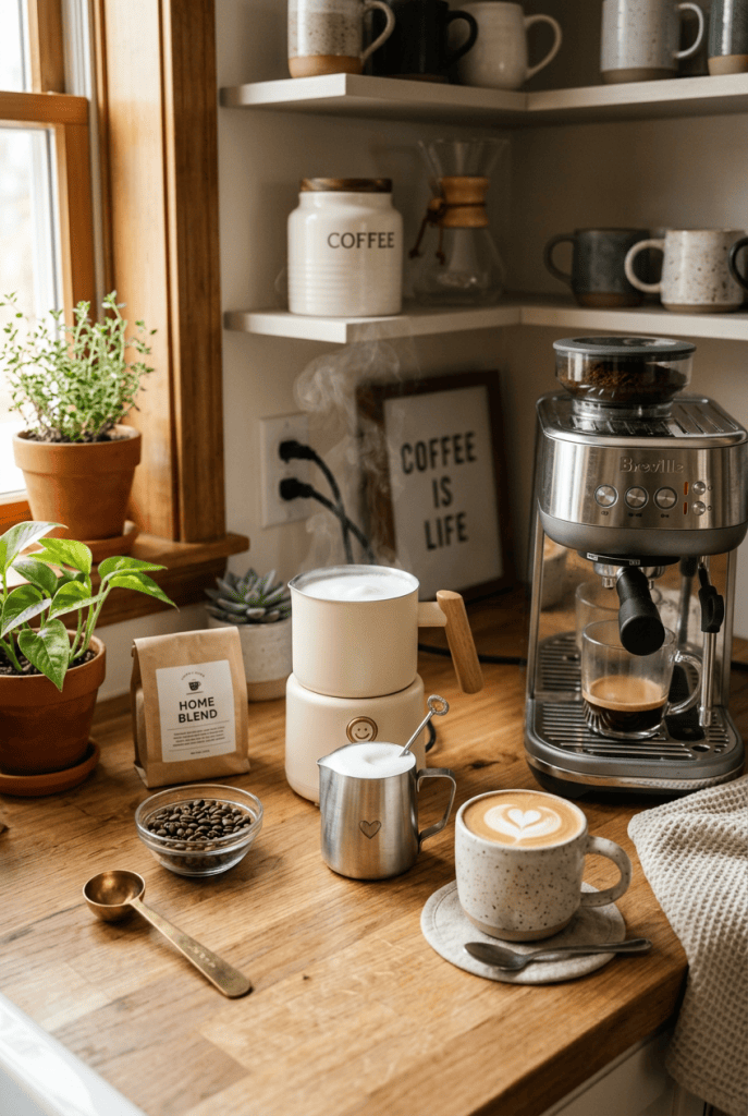 Milk frother in a home coffee setup