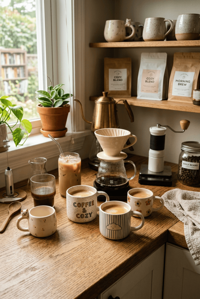 Coffee mugs and glassware in a home coffee setup