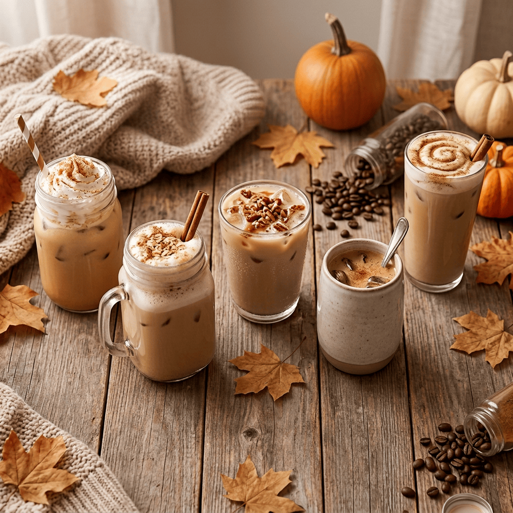 Graphic reading 5 BEST FALL LATTE RECIPES & INGREDIENTS, featuring five drinks: 1. PUMPKIN SPICE: Espresso, Milk, Pumpkin Puree, Maple Syrup, Pumpkin Pie Spice, Vanilla. 2. APPLE CRISP: Espresso, Milk, Apple Cider, Brown Sugar, Cinnamon, Oat Crumble. 3. MAPLE PECAN: Espresso, Milk, Maple Syrup, Pecan Extract, Butter, Sea Salt. 4. CARDAMOM SPICE: Espresso, Milk, Cardamom Pods, Cinnamon Stick, Honey, Nutmeg. 5. CINNAMON ROLL: Espresso, Milk, Brown Sugar, Cinnamon, Vanilla, Cream Cheese Frosting Drizzle.