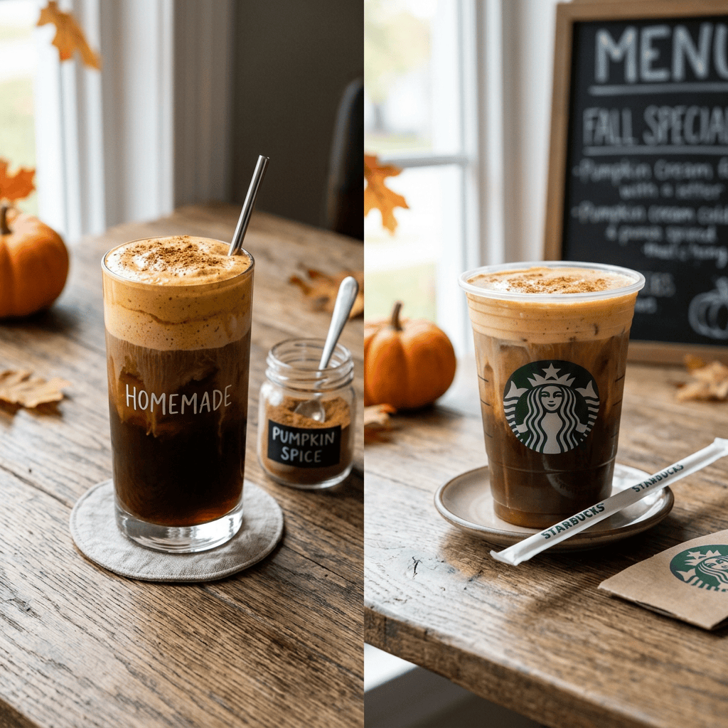 Homemade and Starbucks pumpkin spice lattes beside pumpkins and autumn leaves