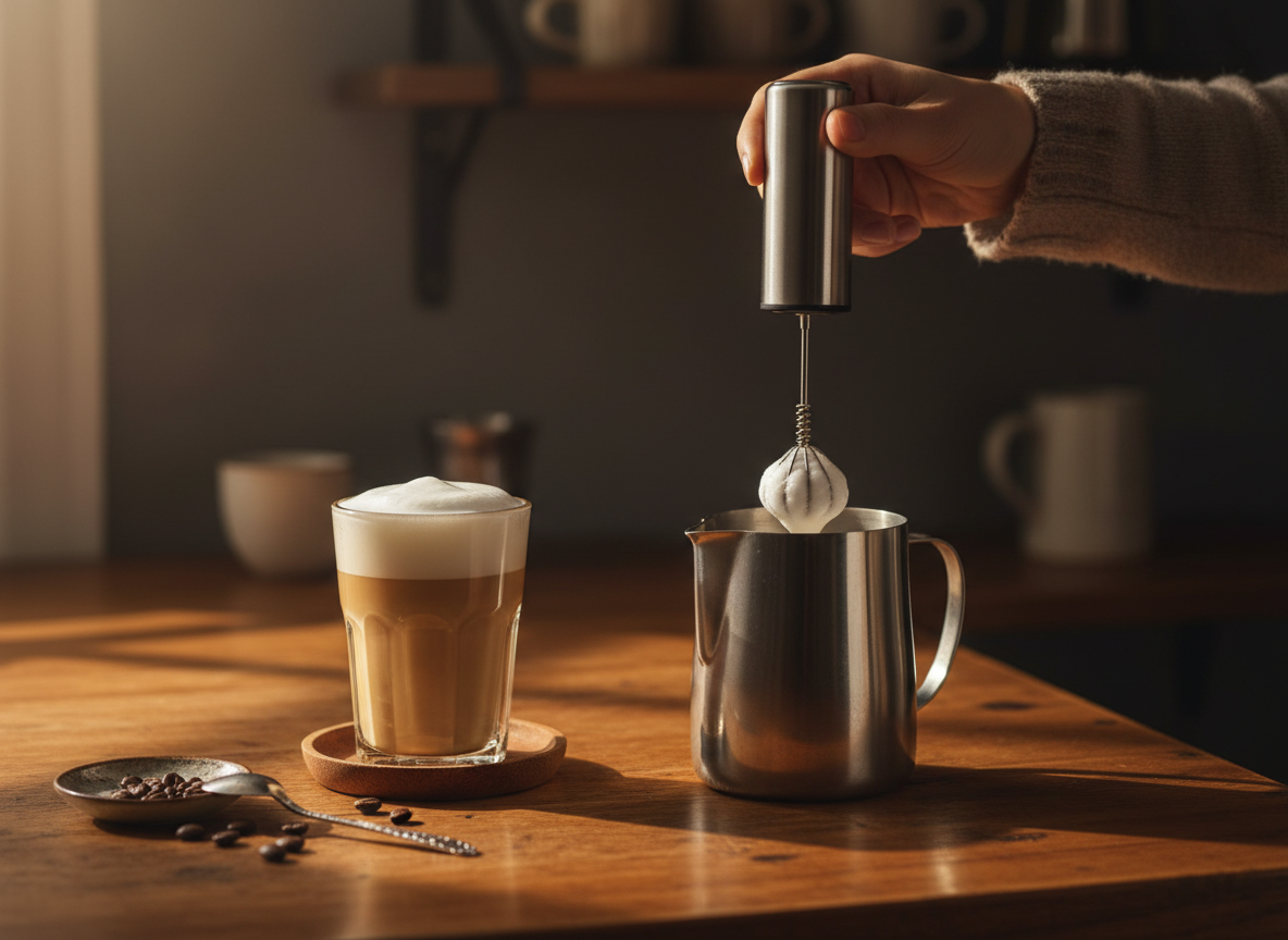 A beautiful, warm, cinematic home café scene featuring a handheld milk frother frothing steamed milk in a stainless steel pitcher on a warm wooden countertop. Rich espresso brown and cream tones, soft directional morning light, cozy and sophisticated atmosphere. A latte glass with silky foam sits nearby. Dark moody background with golden warmth. Editorial food photography style, shallow depth of field.
