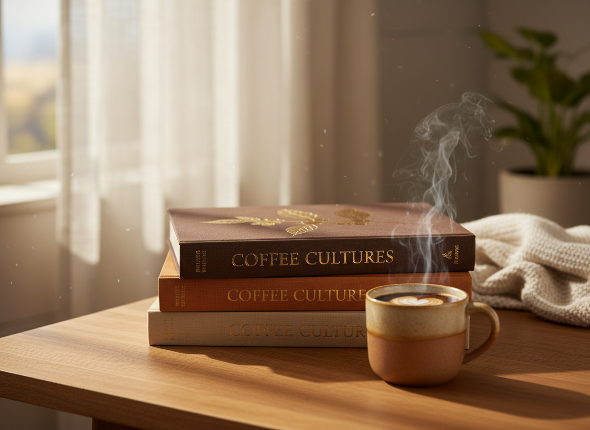 A beautiful stack of coffee books on a warm wooden surface with a steaming ceramic mug of coffee beside them, soft golden morning light