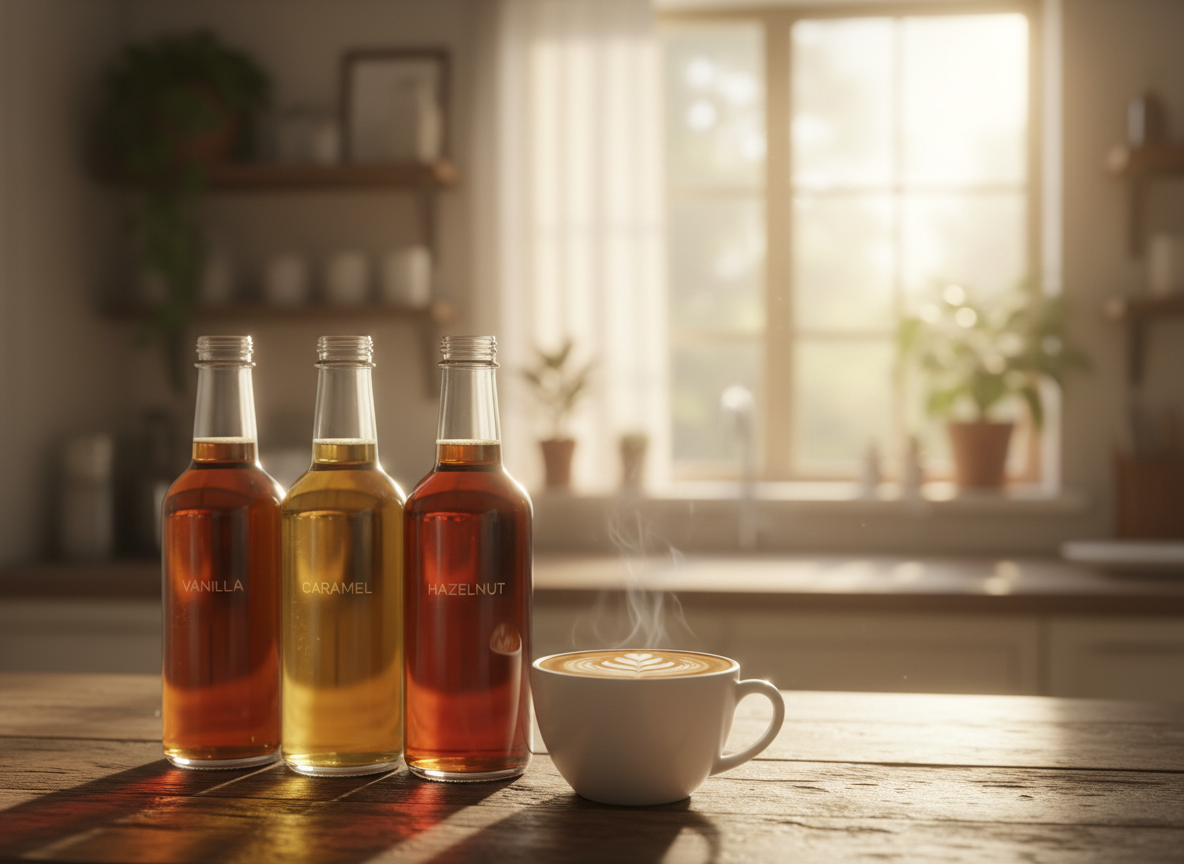 Glass bottles of vanilla, caramel, and hazelnut coffee syrups arranged on a warm wooden surface beside a steaming latte in soft morning light