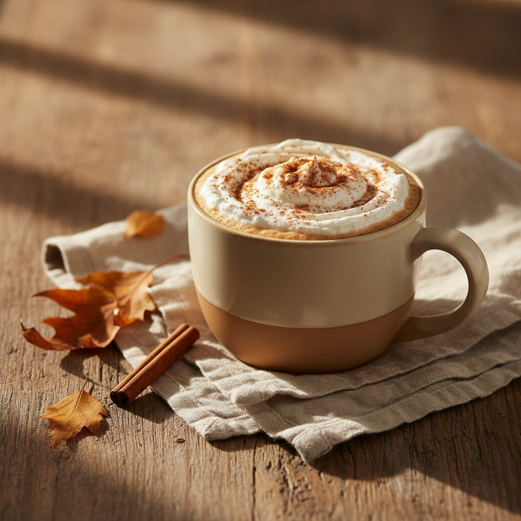 A cozy pumpkin spice latte in a warm cream-colored ceramic mug with a handle, topped with cinnamon-spiced whipped cream and a dusting of pumpkin pie spice. The latte sits on a soft beige linen napkin on a rustic wooden table. Warm autumn leaves and a small cinnamon stick rest nearby. Soft, golden afternoon sunlight creates warm, diffused shadows. The mood is intimate, hygge-inspired, and sophisticated.