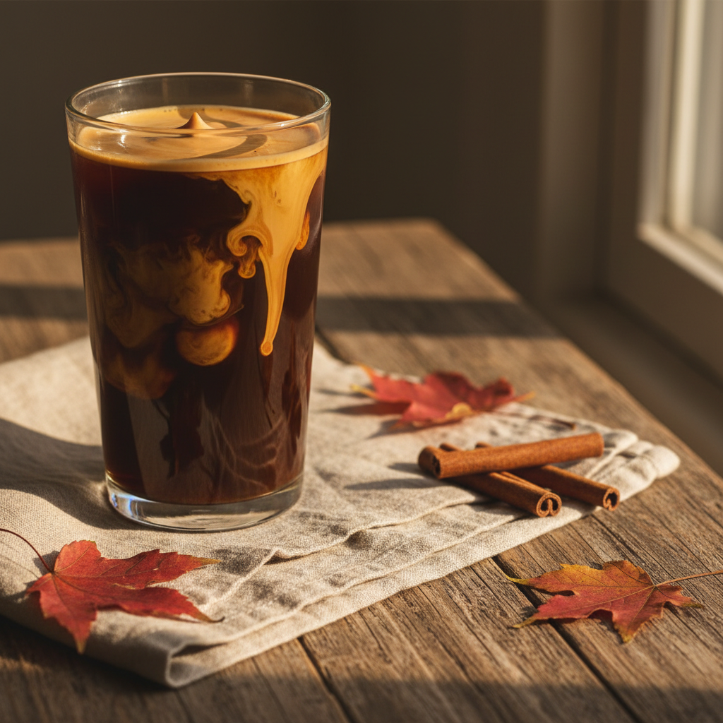 A cozy square image of a Starbucks-style pumpkin cream cold brew on the left. Dark cold brew in a tall glass with silky pumpkin cream poured on top, creating a beautiful swirled effect. The drink sits on a soft beige linen napkin on a rustic wooden table. Autumn leaves and cinnamon sticks rest nearby. Soft, golden afternoon sunlight creates warm, diffused shadows. The mood is intimate, hygge-inspired, and sophisticated. Fall aesthetic.