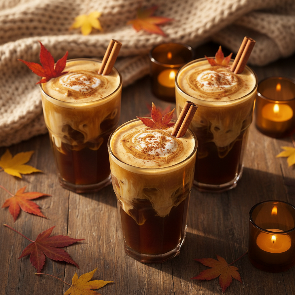 Multiple iced fall latte drinks in tall glasses with golden-toned autumn aesthetic. Silky milk swirls visible on top of dark cold brew, cinnamon sticks, fall leaves, and cozy autumn styling. Shot from above at a slight angle, warm golden afternoon lighting, sophisticated and hygge-inspired mood.