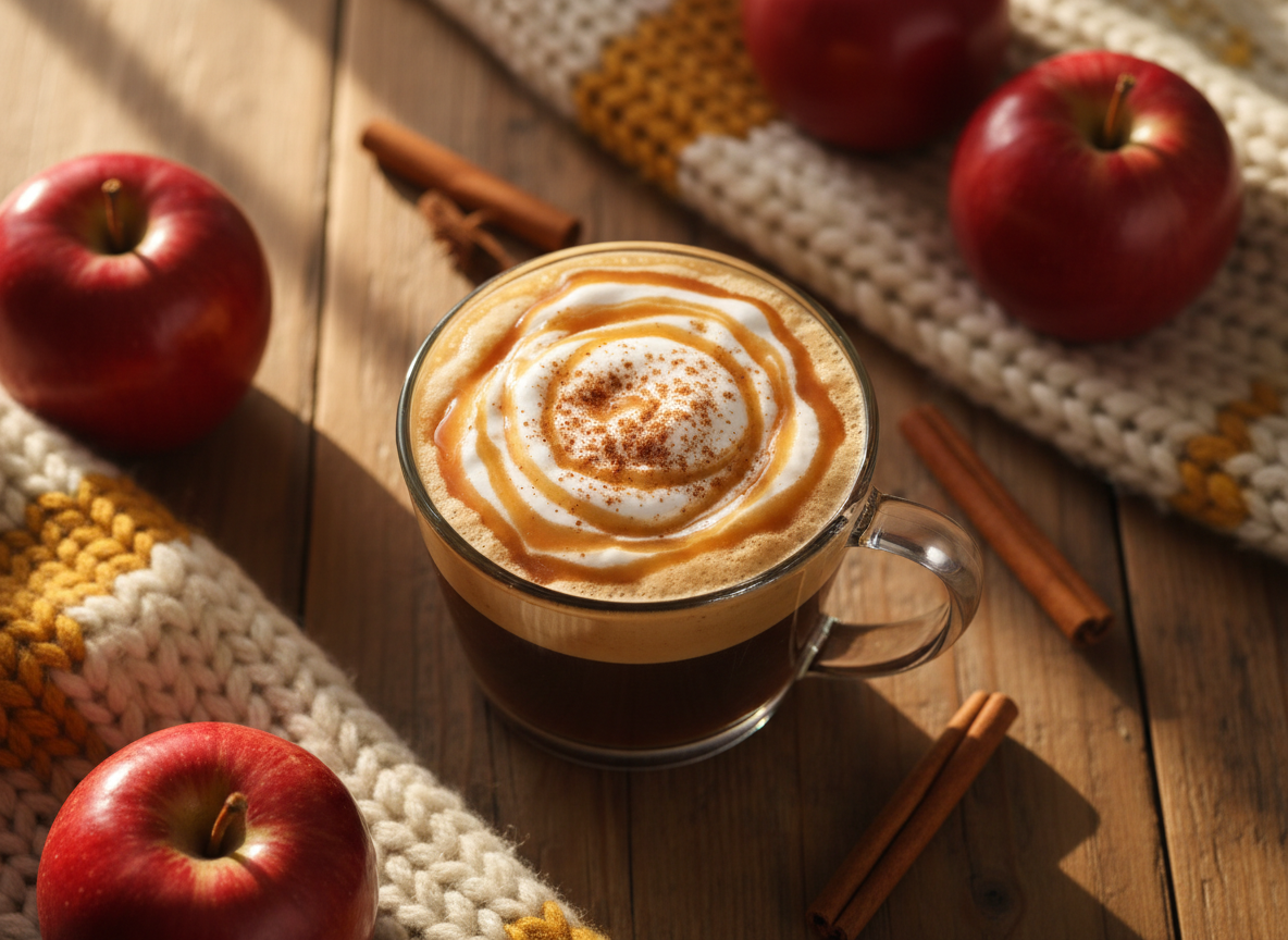 A cozy overhead flat-lay of an Apple Crisp Macchiato in a clear glass mug on a warm wooden table, golden caramel drizzle over frothy milk, cinnamon dusted on top, surrounded by fresh red apples, cinnamon sticks, and a soft knit blanket.