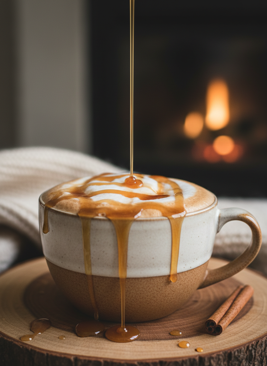 Close-up of caramel apple syrup being drizzled over a homemade macchiato with rich espresso crema and steamed milk in a warm ceramic cup.