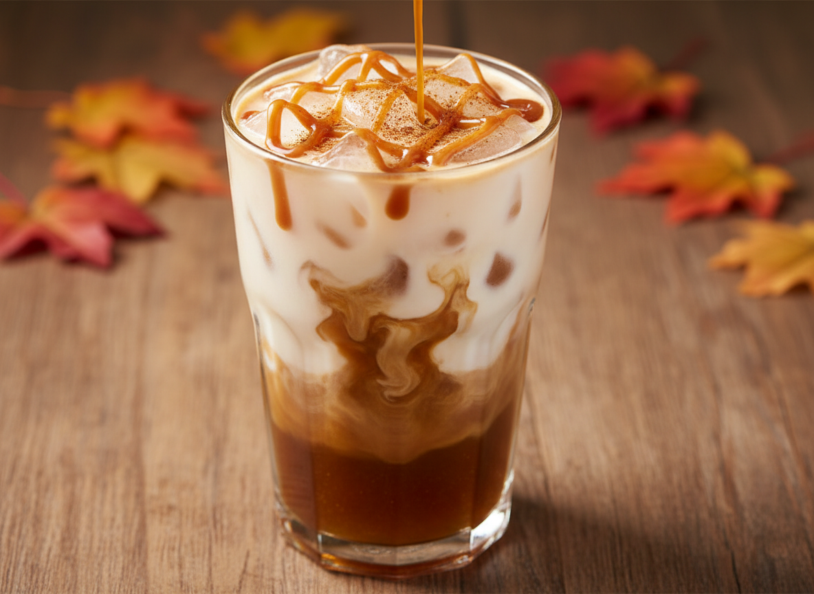Iced Apple Crisp Macchiato in a clear glass with caramel drizzle and cinnamon