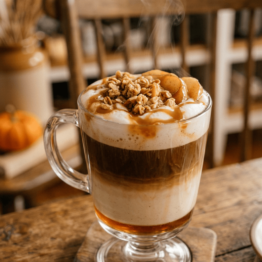 Smiling woman holding a layered coffee beside a friend at a café table