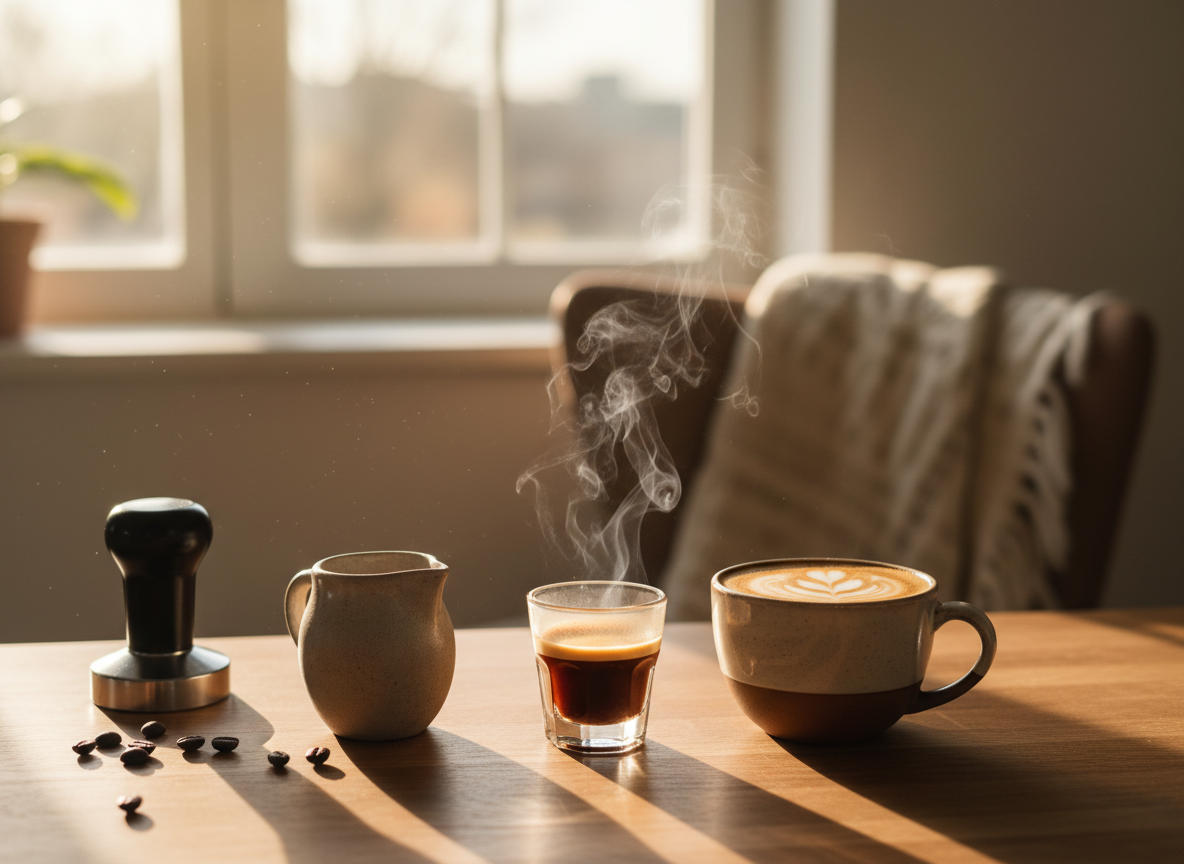 Cozy home café morning scene with steam rising from a freshly pulled espresso and latte art in a ceramic cup on a wooden countertop
