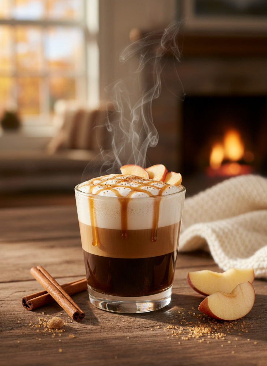 Apple Crisp Macchiato in a glass with caramel drizzle, cinnamon and apple slices in warm autumn light